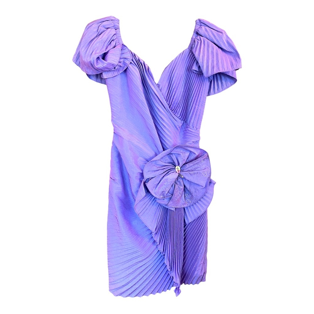 Vintage 80s Karen Okada Por David Howard 80’s Purple Puff Sleeve Cocktai…